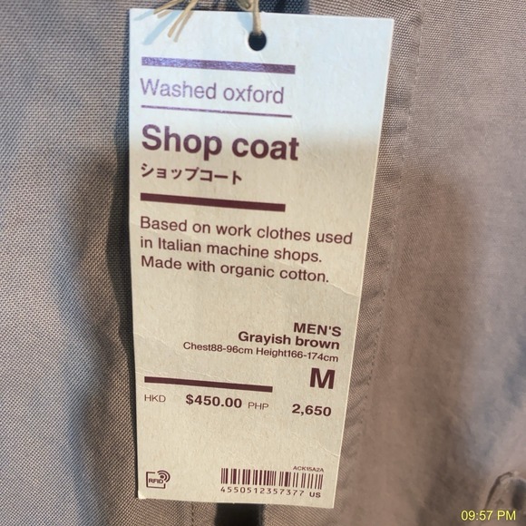 MUJI Washed Oxford Shop Coat Grayish Brown Organic Cotton Mens M NWT - Picture 4 of 10